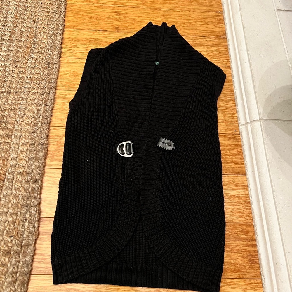 Ralph Lauren Knitted Black Sleeveless Sweater- Mid Thigh Length w Metal Buckle